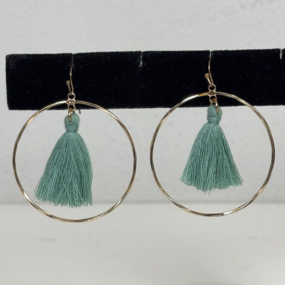 Gold Tone Green Tassel Round Drop Earrings